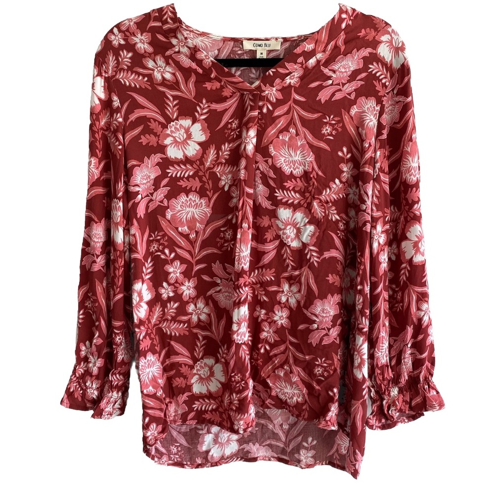 NWT Red White Como Blu Women´s Top Floral Print Bell Sleeves Size Medium